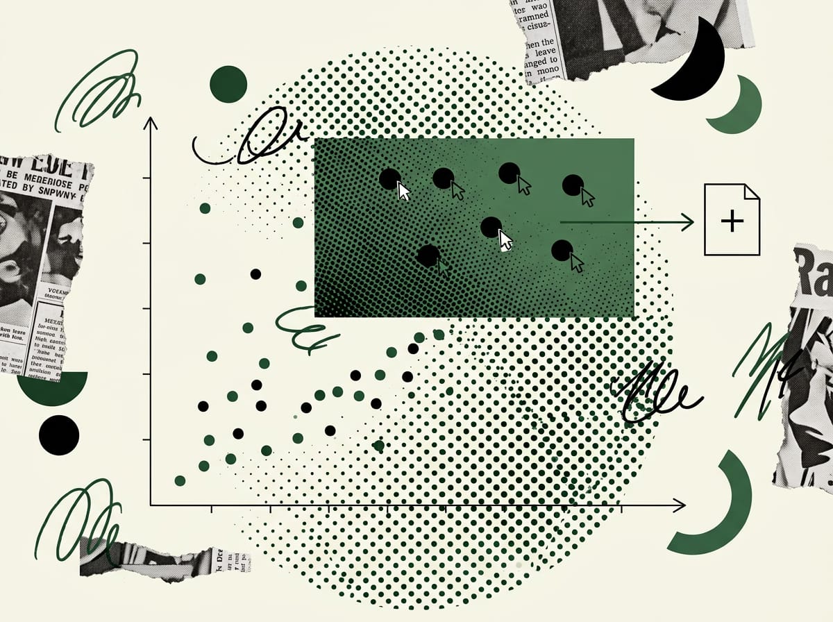 Grafico a dispersione delle query: una zona gialla evidenzia i punti fucsia con molte impressioni e posizione intermedia, collegati all'icona di una nuova pagin