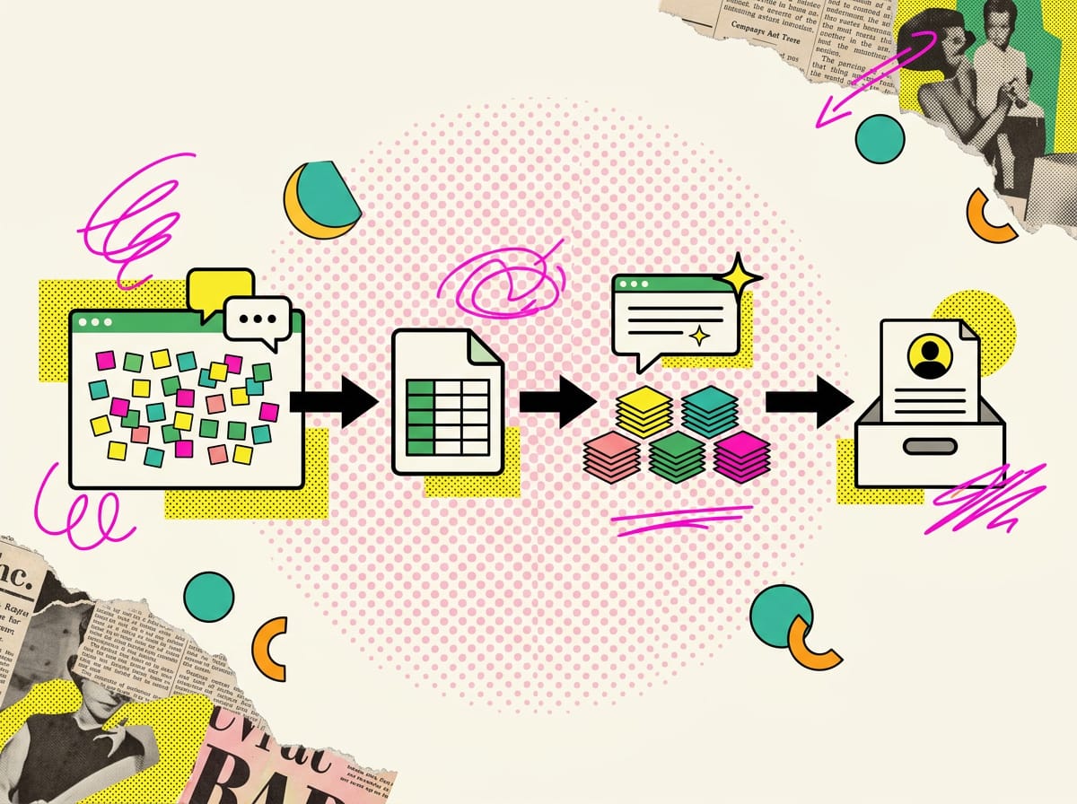 Tre riquadri: post-it sparsi su una lavagna, poi raggruppati per tema, infine riassunti in un unico documento