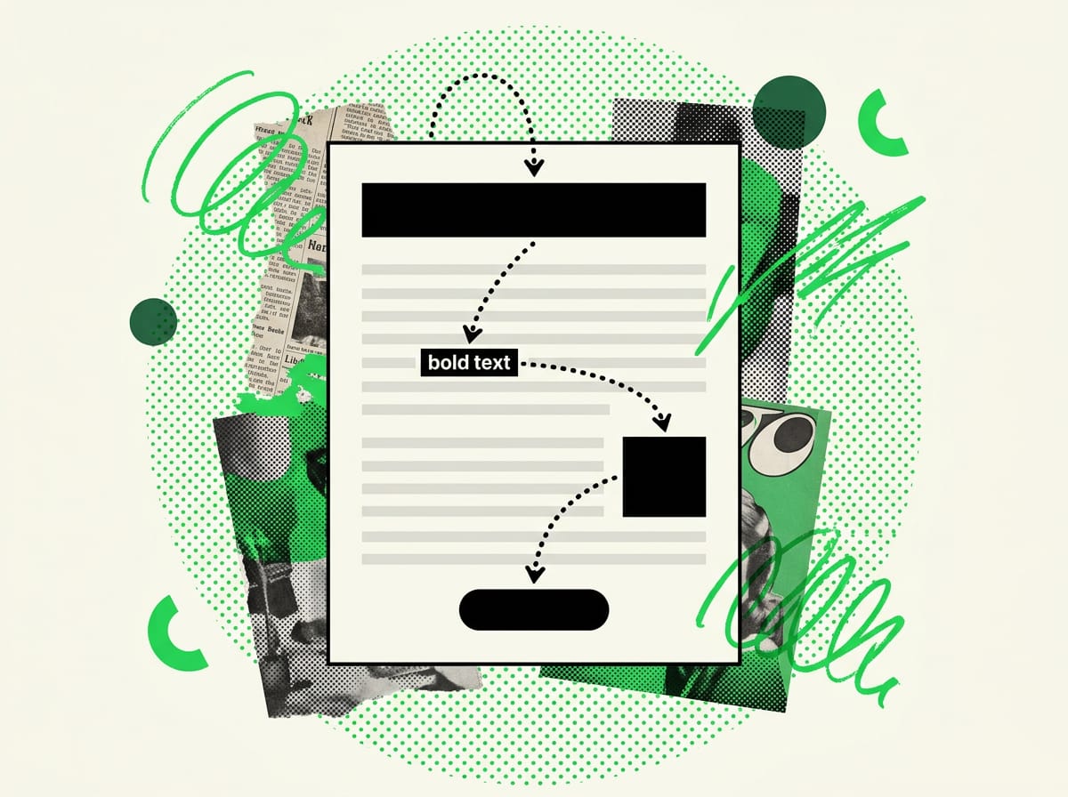 Diagramma del percorso dell'occhio che salta da titolo a grassetto a bottone su una pagina