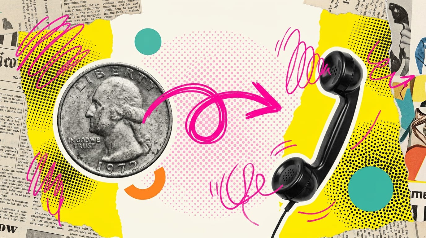 Una moneta collegata da una linea rosa a una cornetta telefonica che squilla, in stile collage pop-art