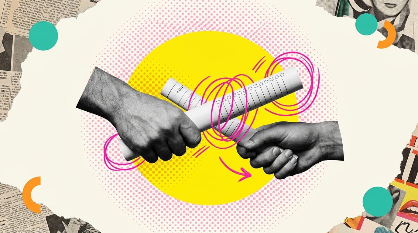 Collage pop-art con una mano che passa a un'altra un foglio arrotolato come un testimone da staffetta, su fondo giallo con scarabocchi fucsia