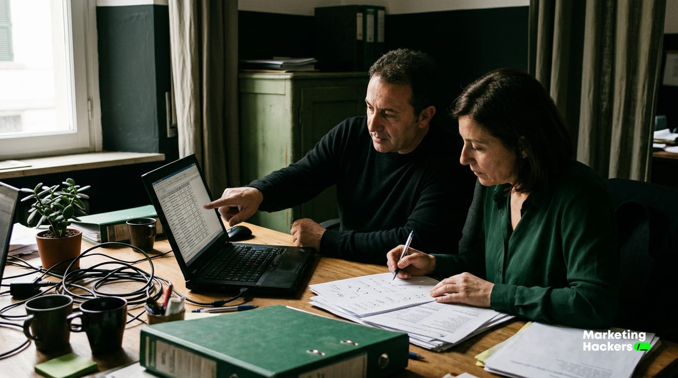 Due colleghi di una piccola software house esaminano l'elenco clienti su un laptop