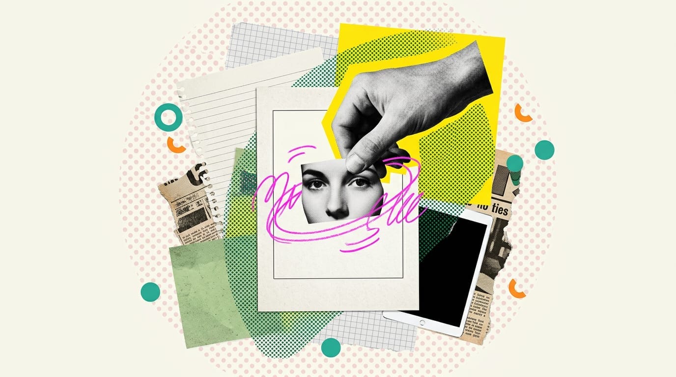 Una mano regge una sagoma di carta vuota a forma di persona, circondata da ritagli che richiamano fogli, post-it e schermi