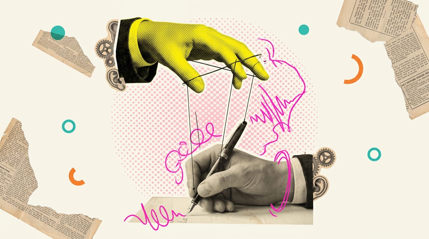 Una mano regge i fili di un burattino mentre un'altra mano scrive, in stile collage pop-art