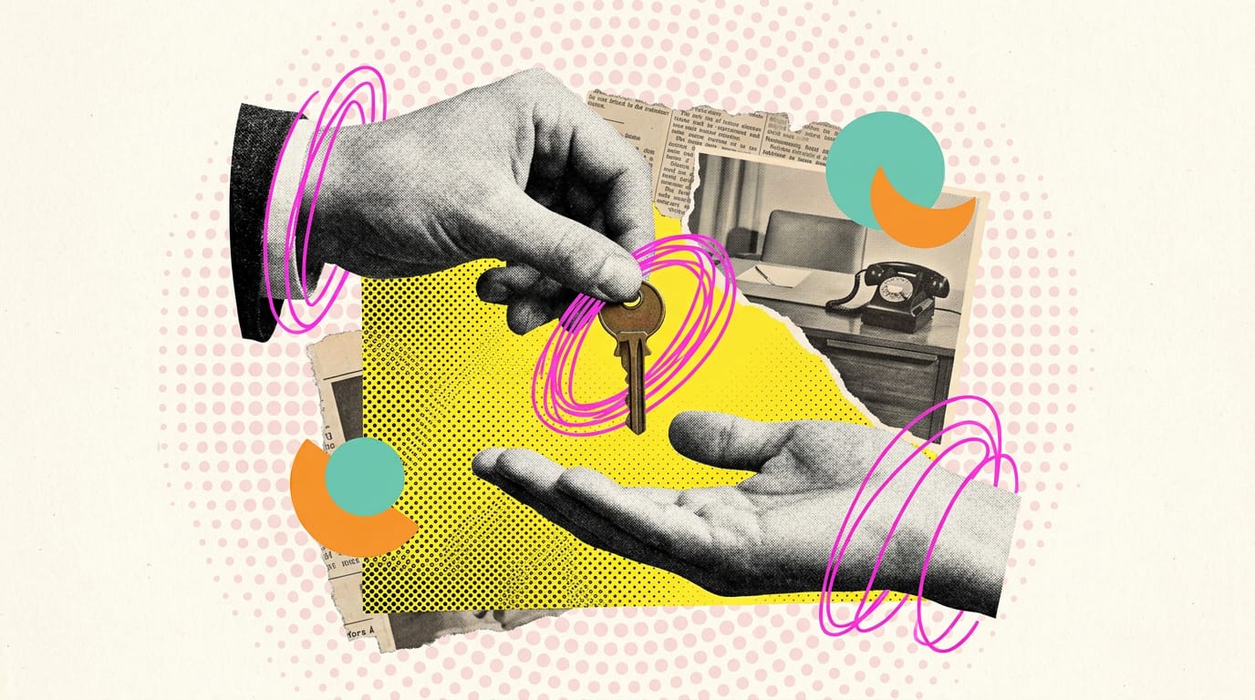Collage pop-art: una mano in bianco e nero consegna una piccola chiave a un'altra mano aperta, su sfondo giallo con scarabocchi fucsia.