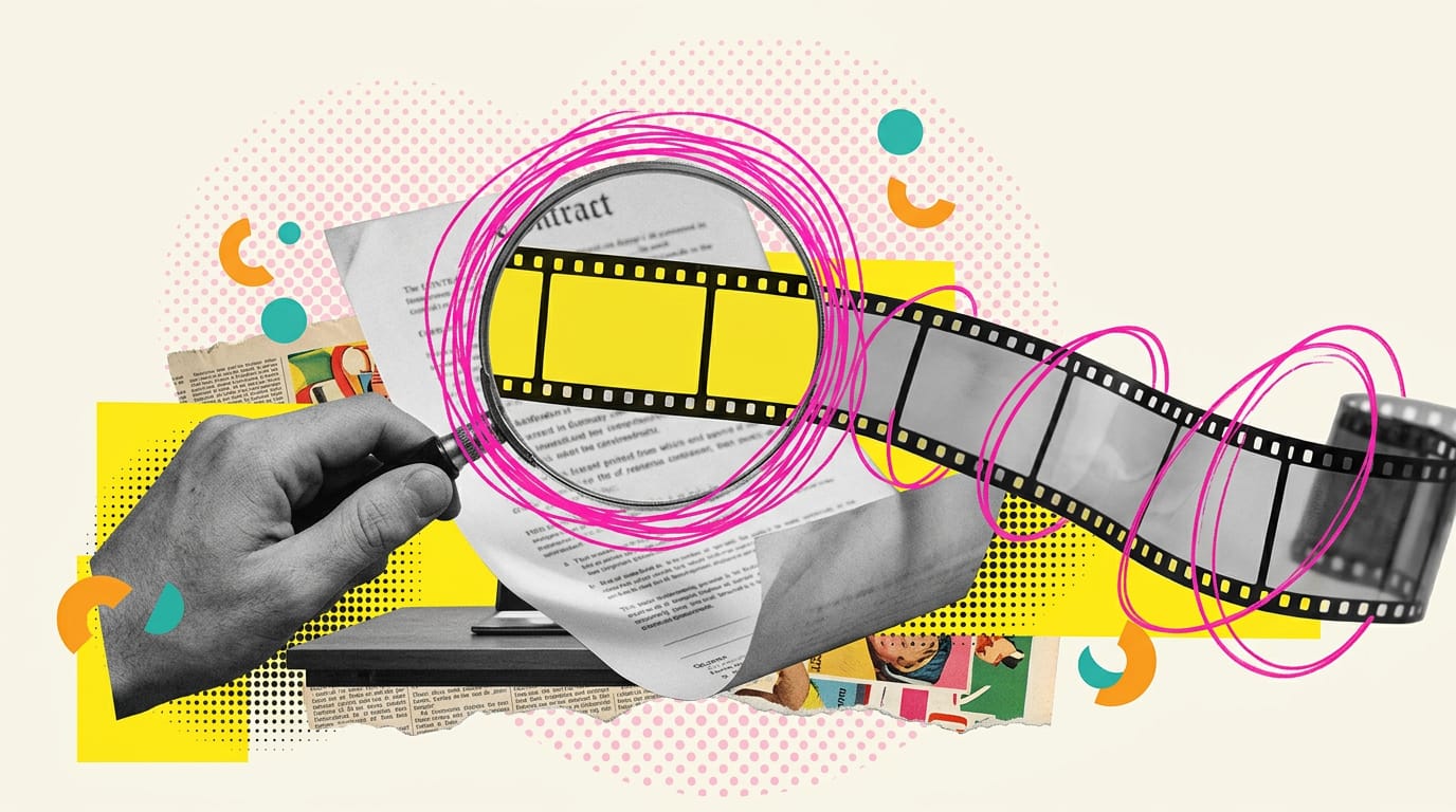 Collage pop-art: una mano con una lente d'ingrandimento su un contratto che si trasforma in una pellicola cinematografica