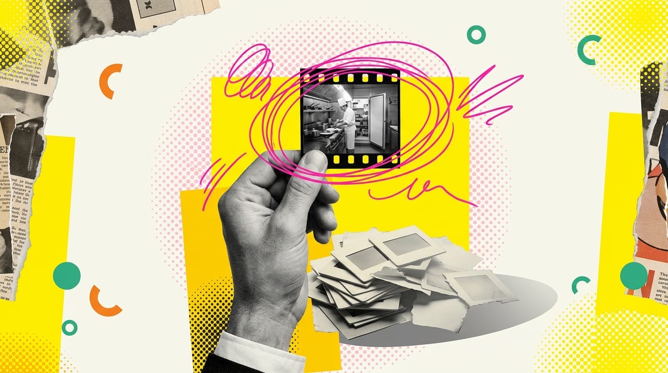 Collage pop-art: una mano estrae un unico filo luminoso da una pila di slide grigie, e il filo diventa una piccola scena con una cella frigorifera.