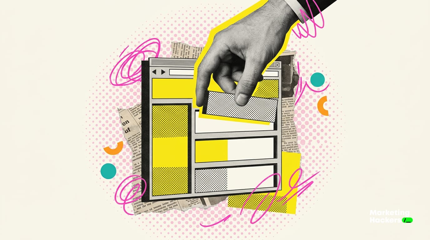 Una mano inserisce un blocco in uno scheletro vuoto di email, stile collage pop-art surreale