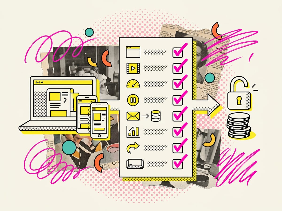Sequenza illustrata: dispositivi di test, una checklist di otto controlli spuntati e il pagamento finale sbloccato