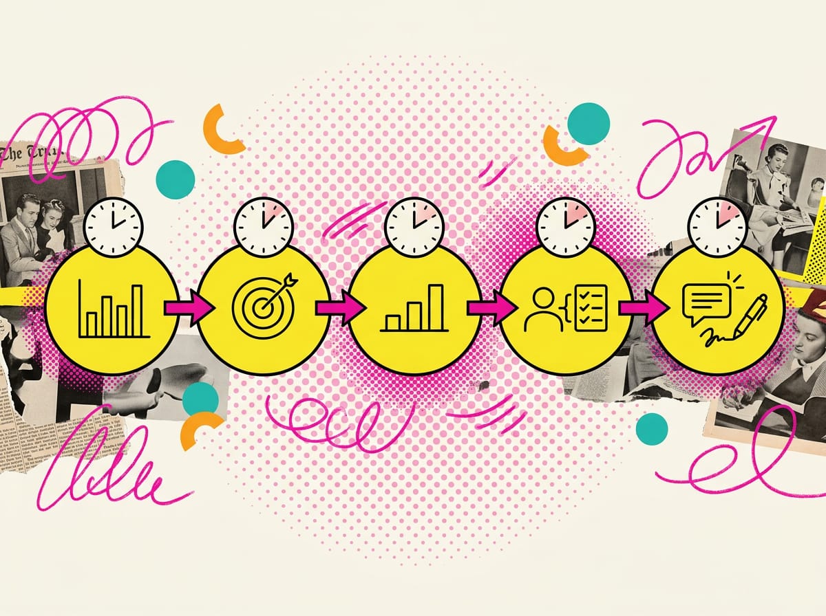 Linea del tempo con cinque tappe: numeri del trimestre, un obiettivo, tre risultati chiave, iniziative con responsabili, revisione con l'intelligenza artificial